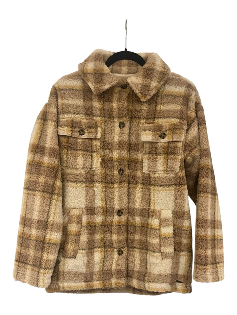 Billabong Oversized Plaid Sherpa Jacket  - Brown & Cream Sz XS